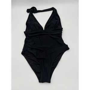 Black Plunge Halter One Piece Swimsuit-Small-Retro Glam-Goth-Sexy-Whimsigoth NEW